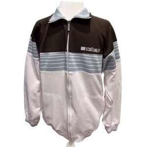 ECKO UNLTD men’s Knit Jacket MED White/Brown/blue Stripes Full Zipper EC001